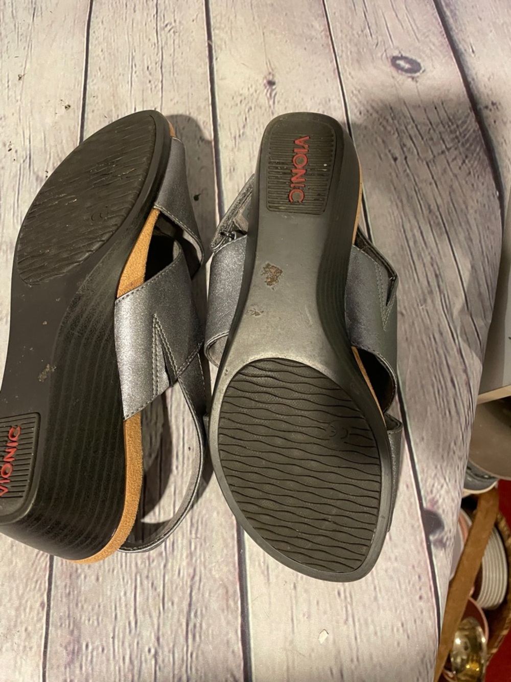 Vionic Metallic Gray Crisscross Slingback Wedge Sandals - Picture 6 of 10